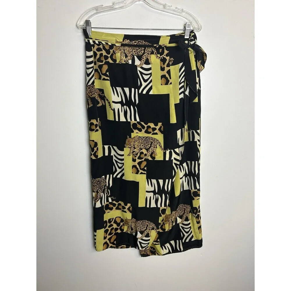 Rebecca Reid Vintage Silk Midi Wrap Skirt Cheetah Novelty Print‎ Size 10 Artsy